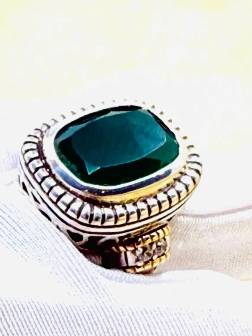 Vintage 14K Gold Sterling Silver Green Onyx Statement Ring Size 7 - Picture 9 of 10